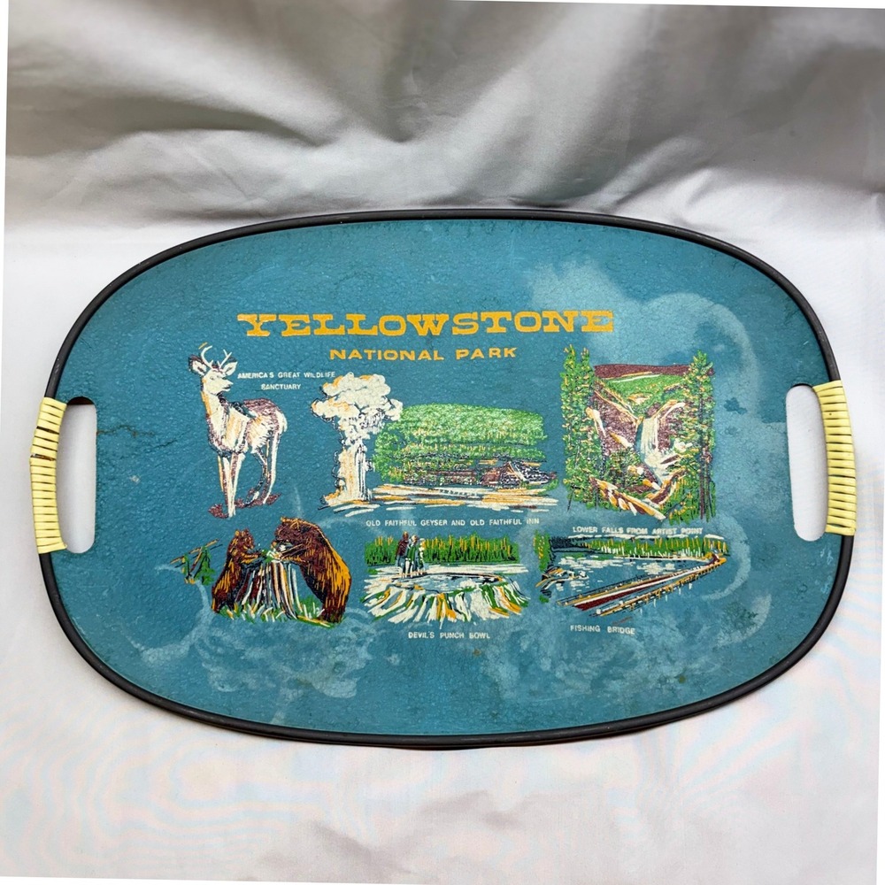 Vintage Yellowstone National Park Souvenir Tray Blue OS Fair 1960s Japan Decor